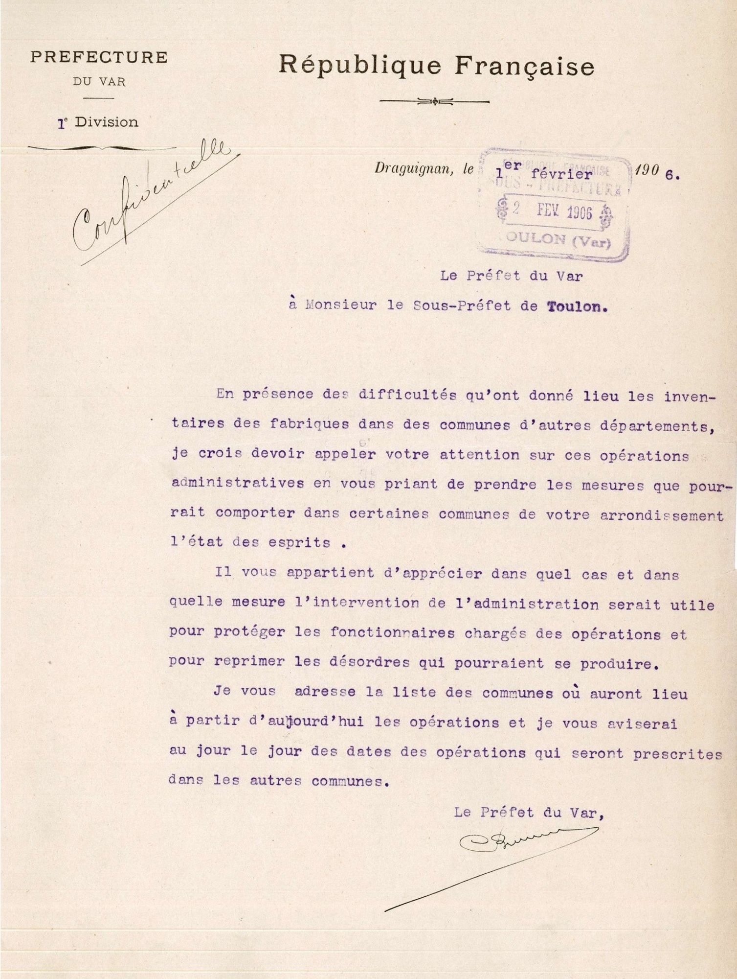 Lettre du préfet du Var au sous-préfet de Toulon au sujet de l'inventaire des biens d'églises (3 Z 188)