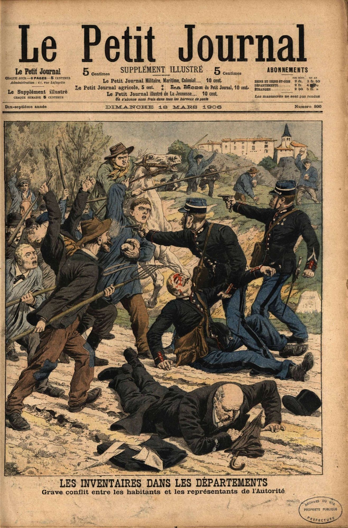 Une du Petit Journal datée du 18 mars 1906 représentant les troubles survenus à l'occasion de l'inventaire des biens d'églises (32 PRS 4)