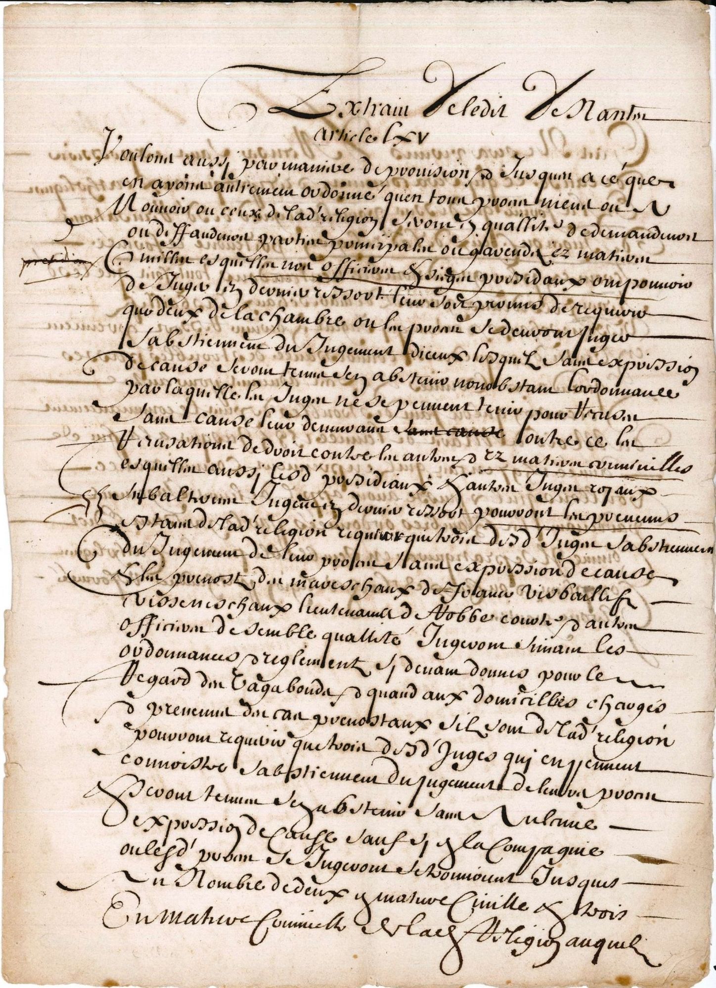 Extrait de l'édit de Nantes - Article 15 (E dépôt 9/92)
