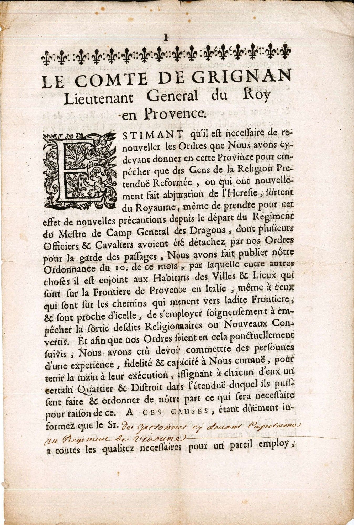 Lettre du lieutenant général du Roi en Provence visant à empêcher les Protestants de passer la frontière italienne (Archives communales de Callian E dépôt 9/92)