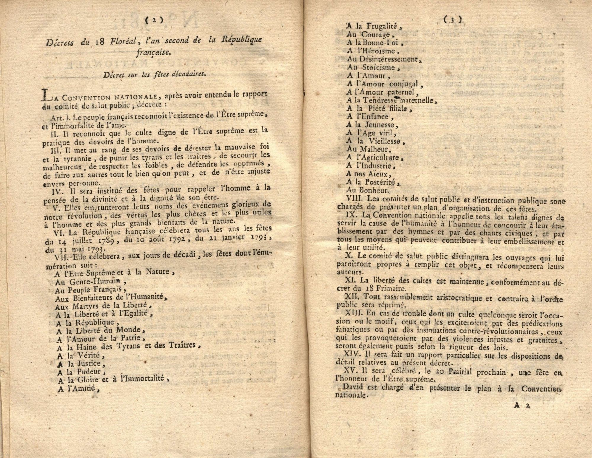 Décret du 18 floréal an II instaurant la fête de l'Etre suprème (1 L 64)